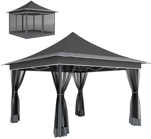 Outsunny Carpa Plegable 3,5x3,5x3 m Cenador de Jardín con Altura Ajustable 4 Mosquiteras Protección UV50+ Impermeable y Bolsa de Transporte Gazebo para Exterior Fiestas Camping Gris Oscuro