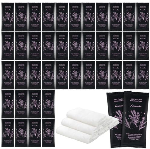 Moist Cotton Towel Bulk Moist Towelettes Individually Wrapped 8.7 x 8.7,White Towel Service for Travel Sport Party Spa Dentist Hotel (pack of 50, Lavender)