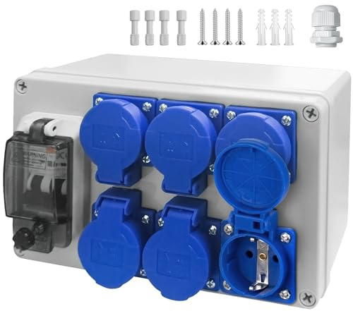 Kleinverteiler aufputz, 6x 16A Schuko Steckdose 230V Baustromverteiler Wandverteiler IP54 wasserdicht mit transparentem IP67 stoßfestem Deckel für Innen Außen Baustellen stromverteilerkasten