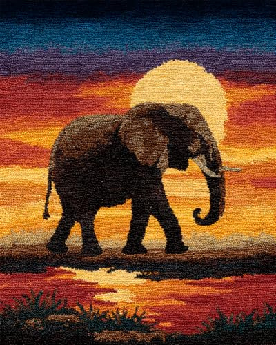 Kitquiver Tapisserie Knüpfen Set Knüpfteppich Elefant Im Sonnenuntergang 15X20In/52X38Cm Für Kinder Und Erwachsene Teppich Zum Selber Knüpfen Teppich Kreuzstich Set Anfänger Knüpf-Sets Latch