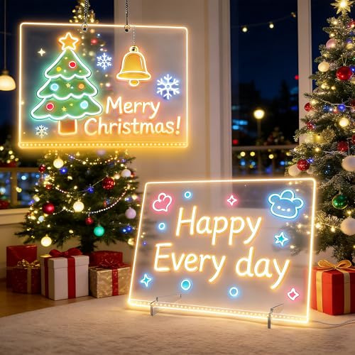 LED Drawing Board 2 Pack, 14x10 Inch LED Note Board w/ 7 Light Effects, Acrylic Light Up Glow Memo Message Lumiboards, Neon Art Magic Pad w/ 7 Markers, Sketching Gift for Kids Girls Teens