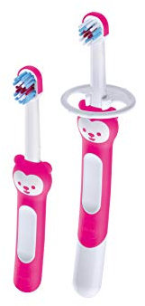 MAM Learn to Brush Set, Baby Zahnbürste mit langem Griff zum gemeinsamen Halten, Kinderzahnbürste trainiert das Zähneputzen, ab 5+ Monate, rosa