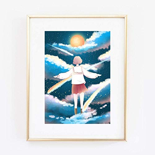 Din A4 Kunstdruck ungerahmt - Manga Mädchen Schulmädchen Himmel Mond Fantasy Anime Japan Comic Style Kawaii Druck Poster Bild