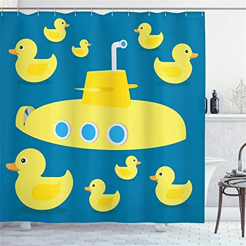 Rideau de Douche Anti Moisissure et Imperméable Lavable en Machine,Rideaux Salle de Bain avec Anneaux en Métal,Rideau de Douche Tissu Polyester avec 12 Crochets Canard de dessin animé bleu,300x200cm