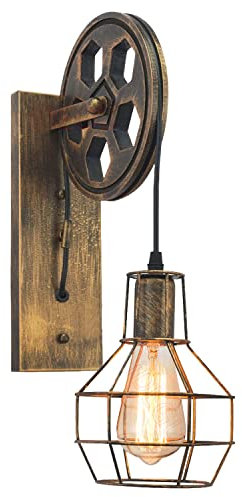 iDEGU Vintage Wandlampe E27 Wandleuchten im Industrial Riemenscheibe Design Retro Lampe aus Metall und Holz Hängelampe Wandlampe für Bar Schlafzimmer Wohnzimmer Restaurant Café Flur - Bronze