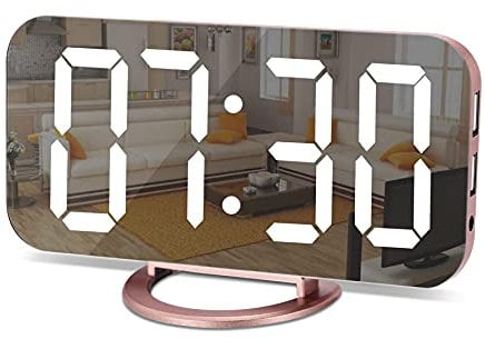 U-picks Digital Alarm Clock, 6.5 Inch Large LED Screen Alarm Clock Mirror with Brightness Dimming Mode, Adjustable Brightness, 2 USB Charging Ports, Big SNOOZE Button for Bedroom Home Decor (Pink)