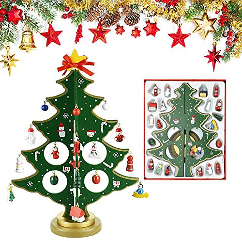JUNMEIDO Árbol de Navidad de Madera 30CM Árbol de Navidad de Escritorio Arbolitos de Navidad Pequeños Decorados con Adornos de Madera en Miniatura para Mesa Escaparate Regalo para Niño- Verde