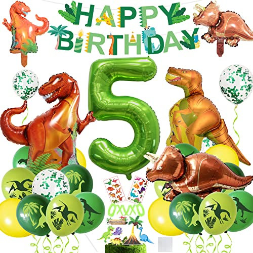XXL Dino Geburtstag Deko, Geburtstagsdeko 5 Jahr Jungen,Folienballon Zahlenballon 5,Luftballons Grün für Dinosaurier Party Dekoration Dschungel Party Kinder