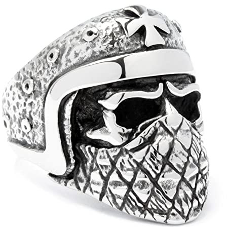 Schmuck-Checker Biker-Ring maskierter Totenkopf mit Helm & Eisernes Kreuz Outlaw Ring aus 316L Edelstahl silber detailliert Männer Schmuck Geschenk (69 (22,0 mm Ø))
