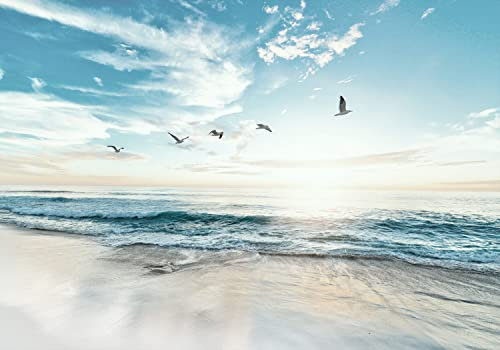 decomonkey Fototapete selbstklebend Meer Vögel 196x140 cm Selbstklebende Tapeten Wand Fototapeten Tapete Wandtapete klebend Klebefolie Deko Modern Natur Strand Landschaft Himmel Sonne Blau