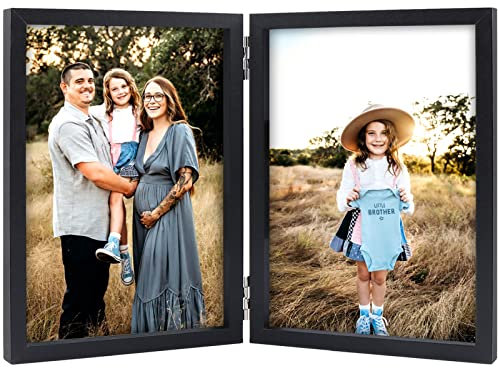 AVEAX Cadre Photo Double 10x15 cm, Cadre en Bois Pliable avec Vitre, Cadres Photo pour Table, Cadeau pour Famille, Amis, Noir