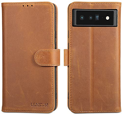 LENSUN Echtleder Hülle für Google Pixel 6 Pro, Handyhülle [Echtes Leder] [RFID] [Magnetverschluss] Handytasche Lederhülle für Google Pixel 6 Pro 5G - Vintage Braun