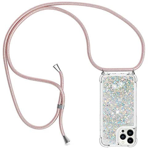 YuhooTech Handykette Hülle Kompatibel mit iPhone 14 Pro Max Handyhülle Quicksand Glitzer Hülle mit Band - Silikon Handyhülle mit Kordel Umhängenband - Schnur mit Treibsand Case zum Umhängen