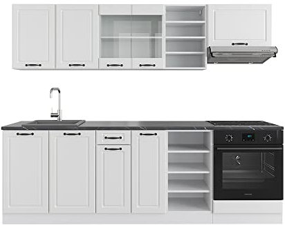 Vicco Küchenzeile R-Line, Weiß Landhaus/Weiß, 240 cm ohne Arbeitsplatte