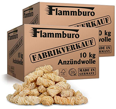FLAMMBURO (20 kg / 1600 Piezas) Encendedor ecológico para chimeneas y barbacoas - Madera Natural y Cera Vegetal - Lana de leña, Pastillas de Encendido - Ideal para Chimenea, Estufa, Fuego, Fogatas