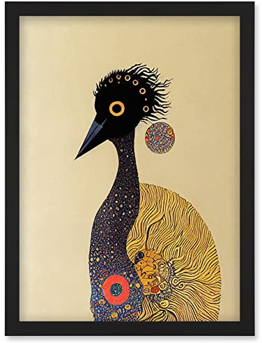Wee Blue Coo Surreal Abstract Ostrich Emu Klimt Style Painting Artwork Framed Wall Art Print A4