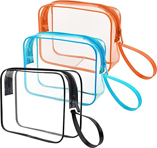 CGBE 3 Stück Kulturbeutel Transparent, Durchsichtige Kosmetiktasche Reise Make-up Tasche, Wasserdicht Kulturtasche Reisebeutel Waschtasche für Damen Herren, Orange/Blau/Schwarz