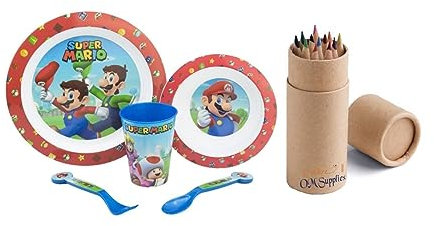Super Mario Characters 5 Piece Coloured BPA Free re-usable Plastic Microwave Safe Dining Set - Plate Bowl Tumbler Spoon and Fork Dinnerware for Children Includes Half Size 12pcs Pencil Set