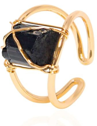 HGJH Ring Damen, Natürlicher Unregelmäßiger Schwarzer Turmalinring Doppelschicht Seidenfaden Goldener Ring Verstellbarer Offener Damenring 7 Chakra-Reiki-Edelsteinringe Ewigkeitsring Für Frauen, Mäd