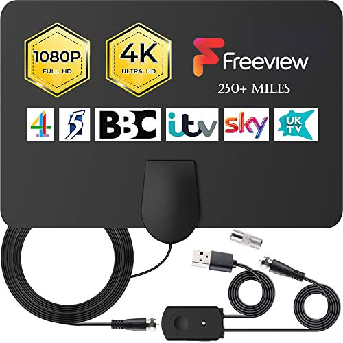 TCFTT 【2023 Upgraded】TV Aerial Indoor - Amplified Indoor TV Aerial with Booster 250+ Long Range Reception, TV Indoor Aerial for Freeview TV Support 4K 1080P HDTV & 13 ft Coax Cable