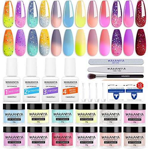Dipping Powder Starter Kit, Wakaniya Dip Powder 12 Summer Colors Sun Changing Colour Dipping Powder Nail Set with 4 Liquid Base Top Coat, Activator, Brush Saver, Manicure Tool for Beginners Home DIY