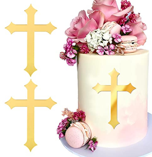 BETESSIN 2Stk. Kuchendeko Kreuz Cake Topper Kommunion Spitz-Stil Acryl Tortendeko Gold 10x7cm Tortenaufsatz Spiegel Kuchen Dekoration für Taufe Konfirmation Geburtstag Party