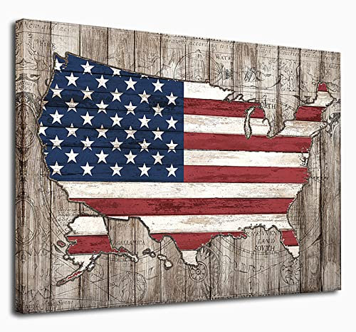 Leinwanddruck mit amerikanischer Flagge, Vintage-Stil, Rot, Weiß, Blau, Karte, Flagge der USA, patriotische Bilder, Kunstwerk, Holzdielen-Effekt, Leinwanddruck für Wohnzimmer, Schlafzimmer, Büro,