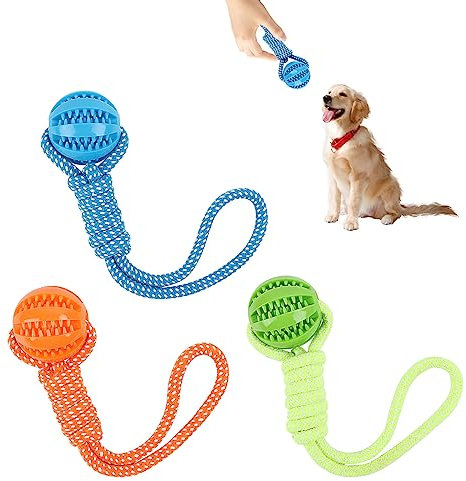 AKONE 3 palline per cani, giocattolo per cani con corda, palla da lancio per cani, palla in gomma naturale, per cani di taglia grande e piccola