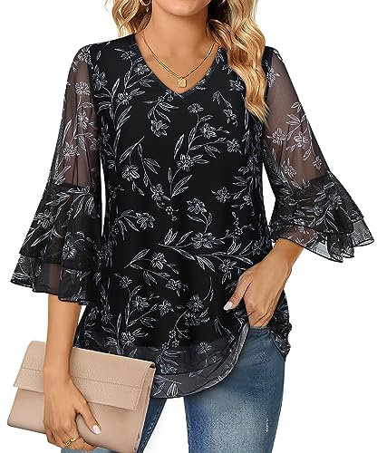 Syphiby Womens Tops Dressy Casual 3/4 Sleeve Tunic Tops to Wear with Leggings Dressy Chiffon Blouses for Women UK Loose Fits Trendy Blouses Flowy Dress Shirts Fall Fahion, Black-2XL