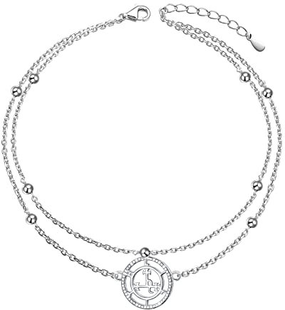 DAOCHONG Sigil of Lilith Schicht Fußkettchen für Frauen S925 Sterling Silber Perlen Charm Fußkette Boho Strand Doppelschicht Fußkettchen Armband Verstellbar 22,86 cm + 3,81 cm