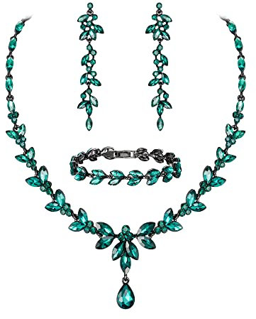 EVER FAITH Schmuckset Österreichisches Grün Kristall Braut Schmuck-Set, elegante Marquise Strass Blatt Halskette mit baumelnden Ohrringen Tennis-Armband-Set Schwarz-Ton
