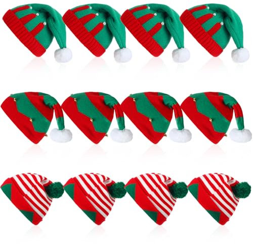 Berlune 12 Stück Weihnachtselfen-Hüte für Erwachsene, gestrickte Beanie-Mütze, Winter, warm, Weihnachtsmann, Strickmütze, Weihnachten, gestreift, Urlaub, Beanies, Kappe für Damen und Herren,