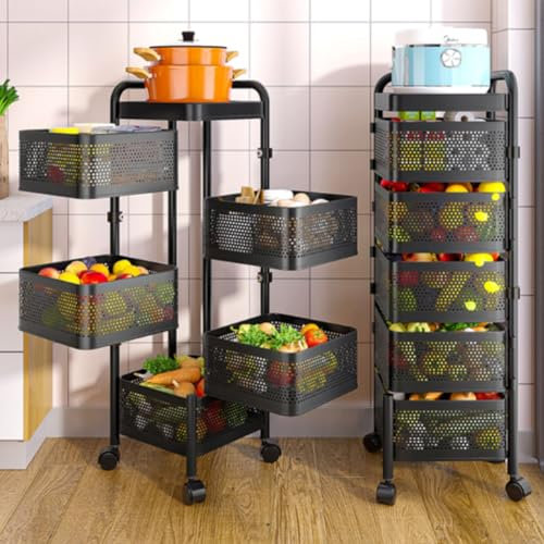 BTGGG Vegetable Rack 5 Tier Rotating Kitchen Storage Rack Fruit Vegetable Storage Rack on Wheels, Detachable Storage Trolley Cart for Kitchen Household Corner Organisation