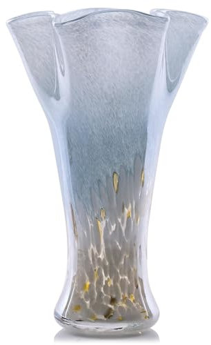 Jarrones de cristal azul y blanco de 9.0 pulgadas de alto para flores, jarrón de vidrio soplado a mano, decoración del hogar, jarrón de flores de boca ancha, para estantería, mesa de comedor,