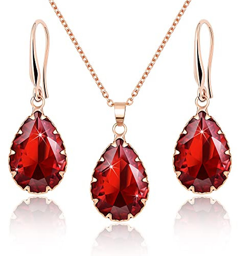 Linawe Ruby Crystal Wedding Jewellery Sets Rose Gold, Garnet Imitation Diamond Pendant Necklace Set, Boho Drop Dangle Red Earring Set, Teardrop Rhinestone Birthstone Matching Jewellery for Women
