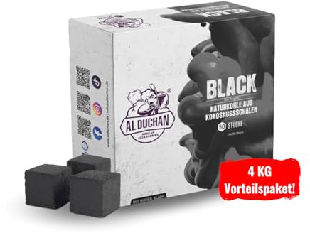 Al Duchan Shisha Kohle Naturkohle – Premium Kokoskohle für Wasserpfeife – 1KG, 4KG, 10KG, 20KG – Hohe Hitze, Lange Brenndauer (Black 28x28x28mm 20KG)