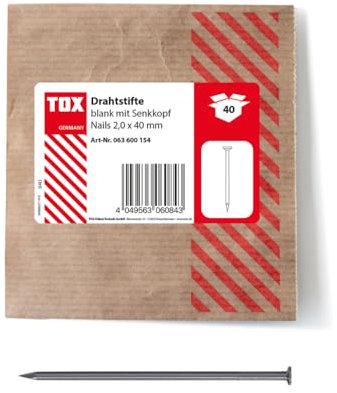 TOX 2,0x40 mm Drahtstifte Nails Senkkopf für einfache Holzverbindungen und Ebene Flächen, blanker Stahl, 40 STK. in Einer wiederverschließbaren und umweltschonenden Papierverpackung, 063600154, Silber