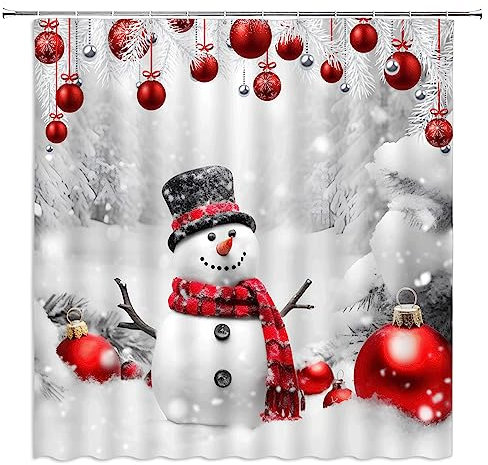 BCNEW Frohe Weihnachten Duschvorhang, niedlicher Schneemann, rote Weihnachtskugel, Silbertanne, Schneeflocken, Schnee, Winter, nebliger Wald, Urlaub, Neujahr, Polyestergewebe, Badezimmer-Dekoration,