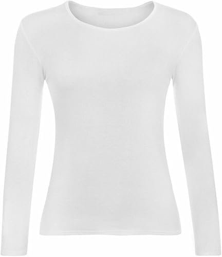FASHION MY LOVE Women Ladies Long Sleeve Round Neck Plain Top Stretchy Casual Summer T-Shirts Basic Slim fit Tee Tops UK Plus Size 8-26 White