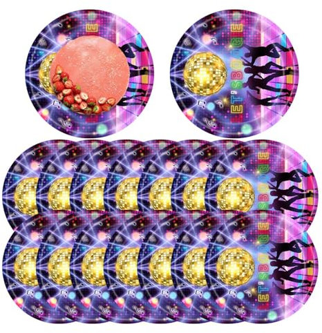 90's Party Tableware Set, Colorful Music Neon Paper Plates Kits, Disco Dance Music Neon Plates 80s 90s Dance Disco Kit for Cocktail Banquet Dinner 70s Disco Party