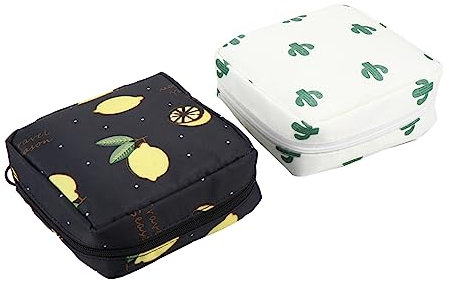 FRCOLOR 2stücke wasserdichte Handtasche Für Damen Praktische Aufbewahrung Für Hygieneartikel Und Kosmetik Beige Kaktus Und Schwarzes Zitrone Design Für Reisen Und Alltag