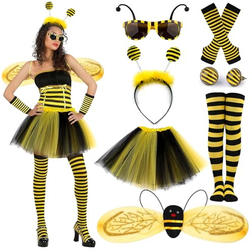 ATOWORLD 7stk Bienenkostüm Erwachsene Damen mit Bienen Flügel Rock Haarreif Überkniestrümpfe Handschuhe Brille Ohrringe Bienen Kostüm Damen Zubehör Karneval Kostüm Biene Damen für Fasching Verkleidung