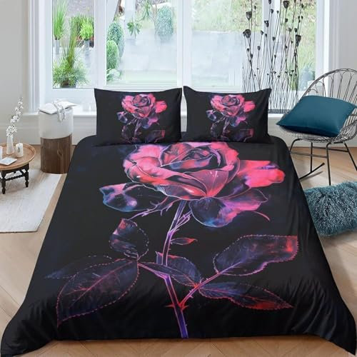 Rose Flower 3D Printed Duvet Cover Set Microfiber 3 Pieces Single 135X200 Cm Quilt Cover Bedding Set With 2 Pillowcases Soft Comforter Cover With Zipper For Kids Adults - Hypoallergenic -752319932139