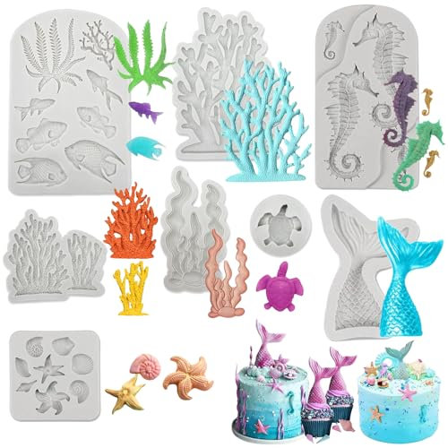8 Stück Silikonform Meerestiere 3D Fondant Formen Meerestiere Meeres Silikonformen Silikon Backform Meerjungfrau 3D Ozean Tier Silikon Backformen für Kuchen Dekoration und Kunsthandwerk