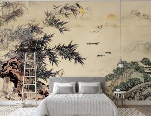CLVIUJLBKLKSDD Papier Peint Panoramique Soie Sur Mesure 3D Motif Chinois Paysage Mur D'Arrière-Plan Paysage Bambou Peint À La Main À L'Encre 350x250cm, Zen Poster Geant Mural