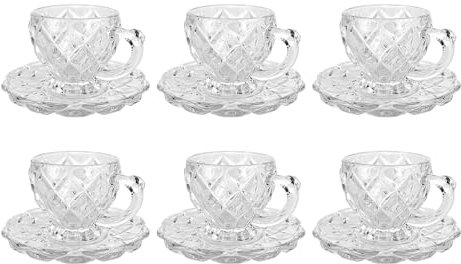 Set 6 Tazzine caffè in Vetro con Piattino Eleganti 100 ML Lavabili in Lavastoviglie Trasparenti Certificate Contatto Alimentare in Elegante Confezione Regalo Ricamate Bicchierini Coplenza
