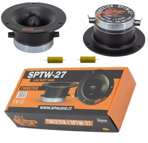 KIT Set pour SP Audio SPTW-27 SPTW27 2 tweeters 150 Watts rms 300 Watts Max, 4 10 cm 100 mm de diamètre, impédance 4 ohm, 114 DB spl, Aimant néodyme, par Paires + condensateurs Libres