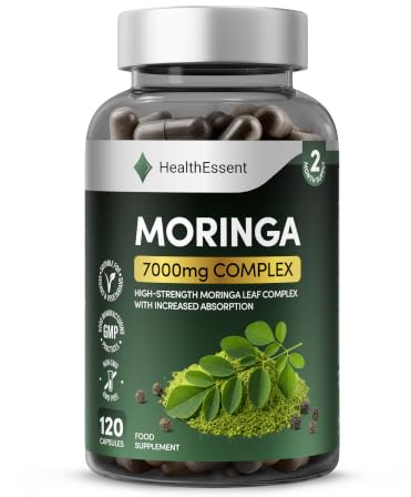 HealthEssent Moringa Capsules 7000mg Complex + Black Pepper 120 Vegan Caps | 6000mg Moringa Extract + 1000mg Powder + Black Pepper | Complete Green Superfood | 120 Vegan Capsules