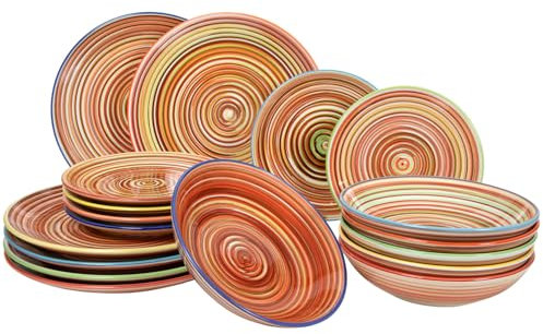 Cookinglife Rhythm & Lines | Service de Table 18 Pièces | Pour 6 Personnes | 6 Assiettes Plates, 6 Assiettes à Dessert, 6 Assiettes Creuses | multicolore | Compatible Lave-vaisselle, Micro-ondes, Four