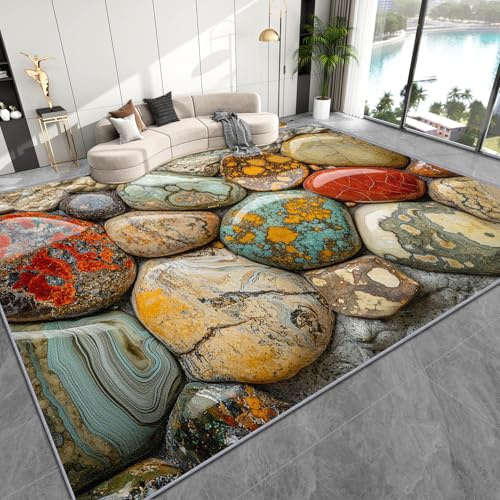 AevuCub Stein Deko, Kieselsteine Teppich 160x230 Kurzflor, Großer Teppich Wohnzimmer 3D Effekt, Weich rutschfest Waschbare Teppiche, Bettvorleger Schlafzimmer Kinderzimmer